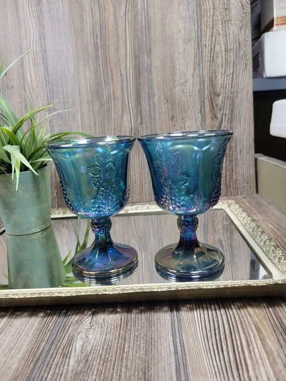 Vintage Colony Harvest Blue Carnival Glass Water Goblets Grape Iridescent Set 2